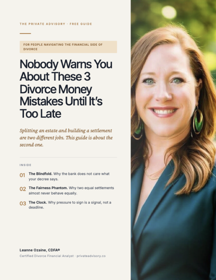 Free guide cover: Nobody Warns You About These 3 Divorce Money Mistakes Until It’s Too Late, by Leanne Ozaine, CDFA